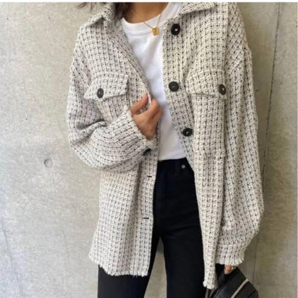 Zara Textured Weave Fringe Hem Overshirt Shacket Jacket White Black Sz Medium - Picture 2 of 11